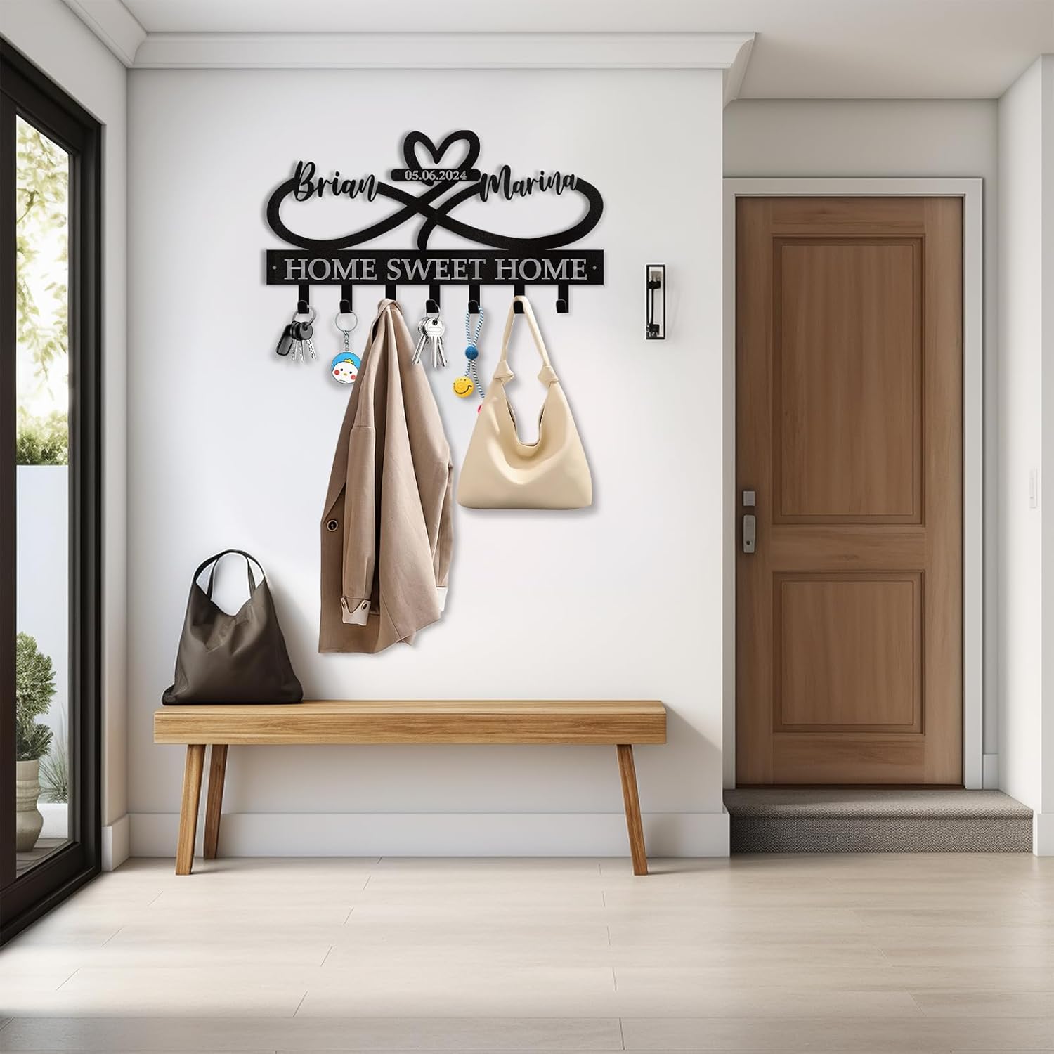 Custom Key Holder for Wall with Couple's Name, Heart Key Rack Wall Mount-MetalsignX