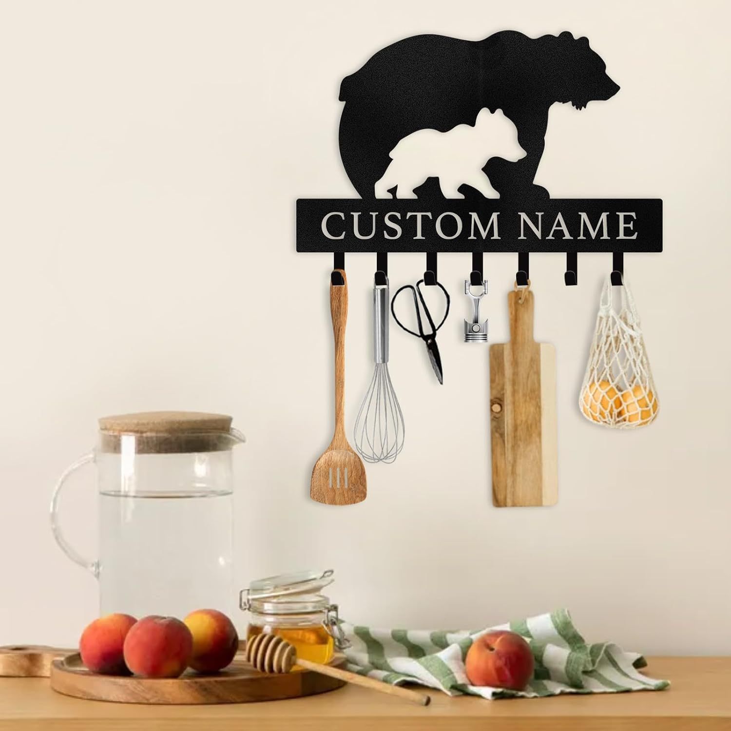 Rustic Metal Key Rack for Lodge & Cabin Decor， Personalized Bear Wall Hook -MetalsignX