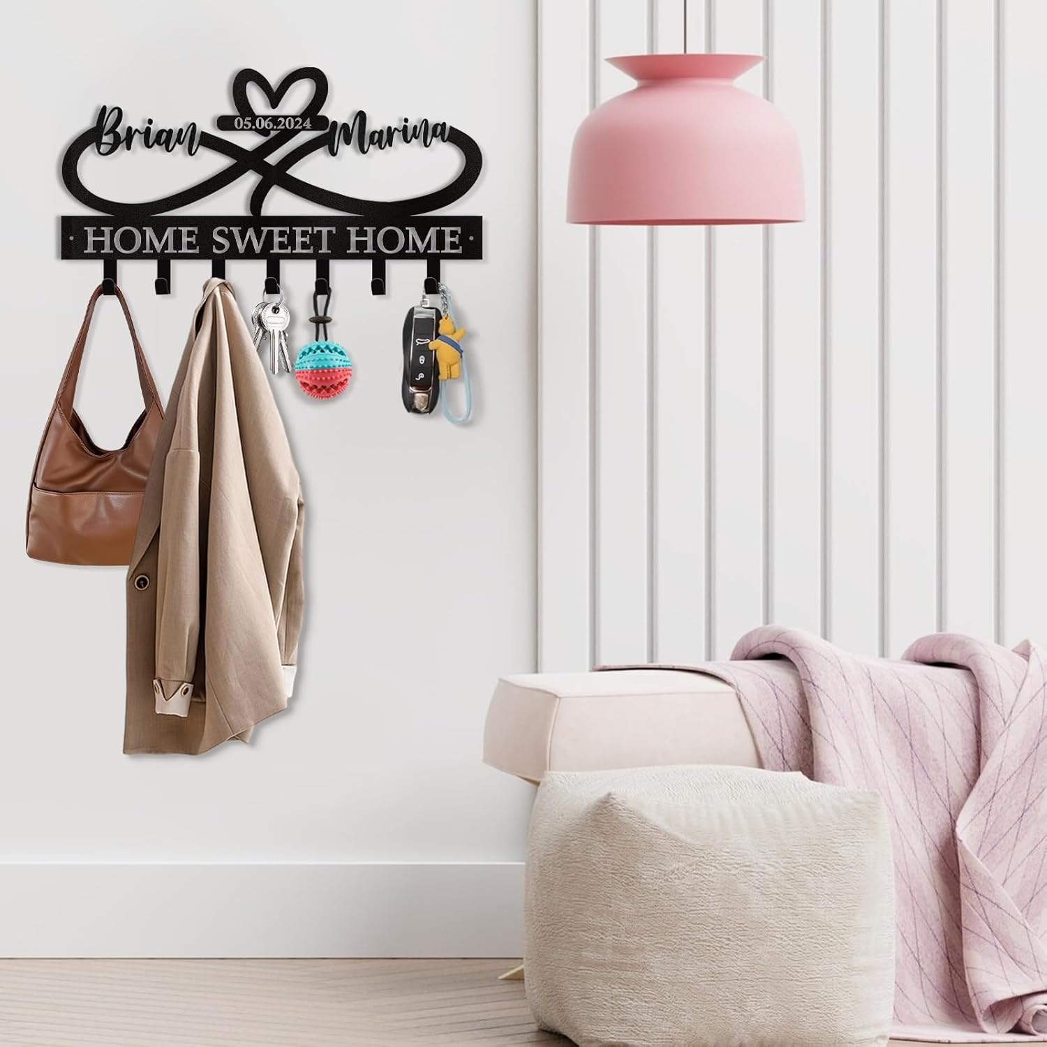 Custom Key Holder for Wall with Couple's Name, Heart Key Rack Wall Mount-MetalsignX