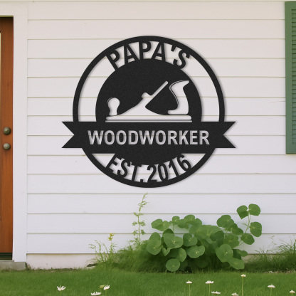 Custom Woodworker Workshop Metal Sign, Personalized Papa’s Woodworking Decor, Metal Garage Wall Art, Gift for Dad or Grandpa, Father's Day Gift Idea