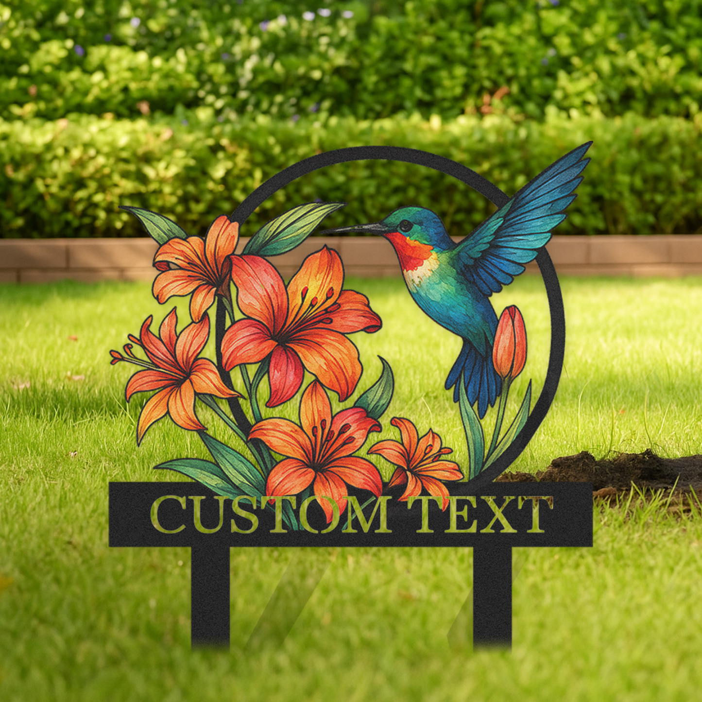 Personalized Hummingbird Garden Sign with Orange Lilies, Custom Metal Garden Stake with Name, Colorful Floral Yard Sign for Gardeners, Outdoor Garden Decor with Custom Text