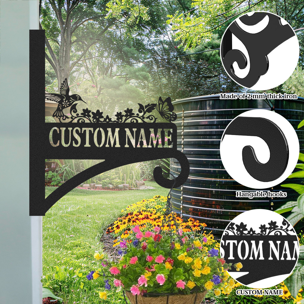 Personalized Hummingbird and Butterfly Plant Hanger for Wall, Custom Metal Garden Hook with Name, Outdoor Hanging Basket Holder, Bird Feeder Bracket