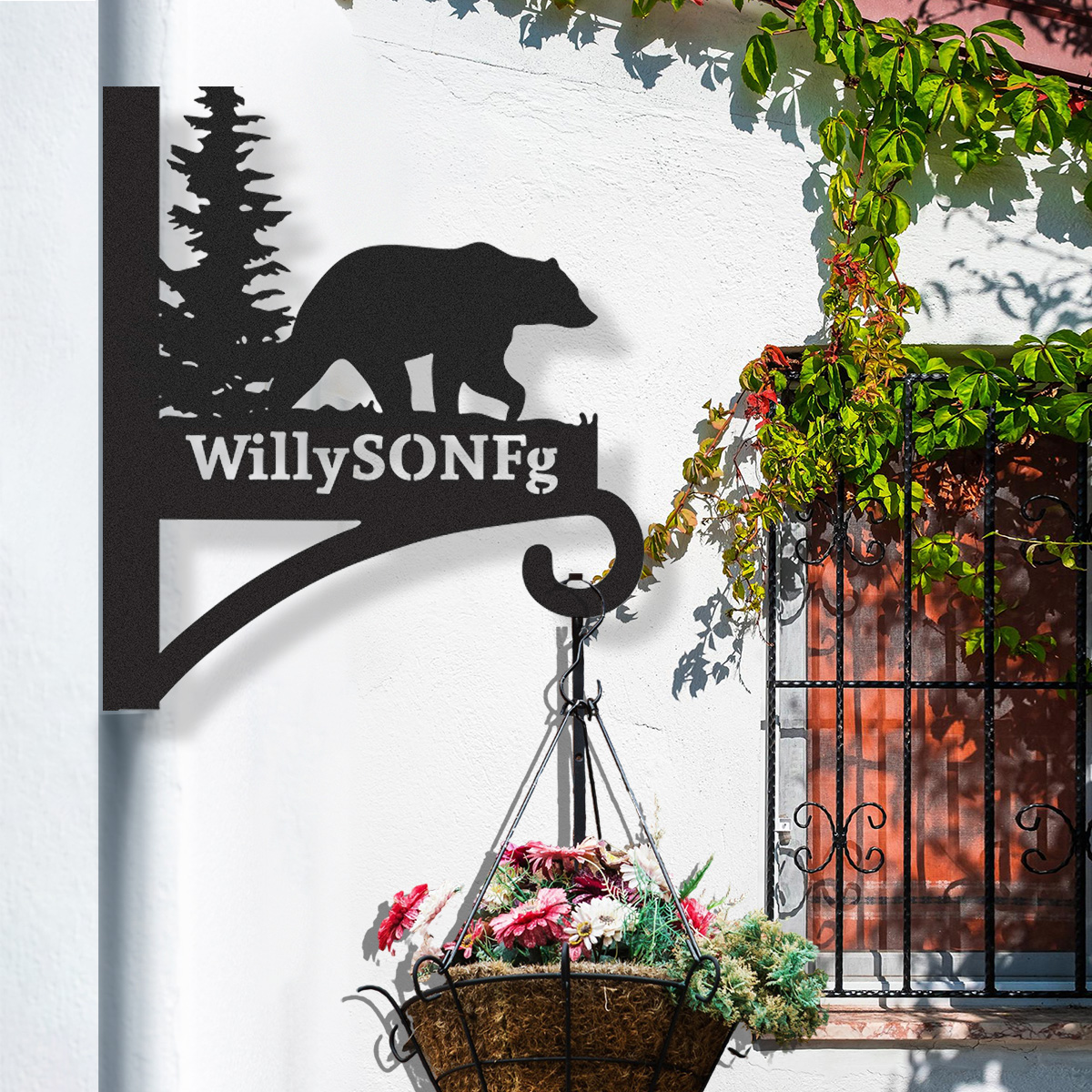 Custom Bear Forest Plant Hanger, Personalized Outdoor Wall Hook with Grizzly Bear and Pine Tree, Rustic Metal Sign for Garden, Cabin or Lodge Decor