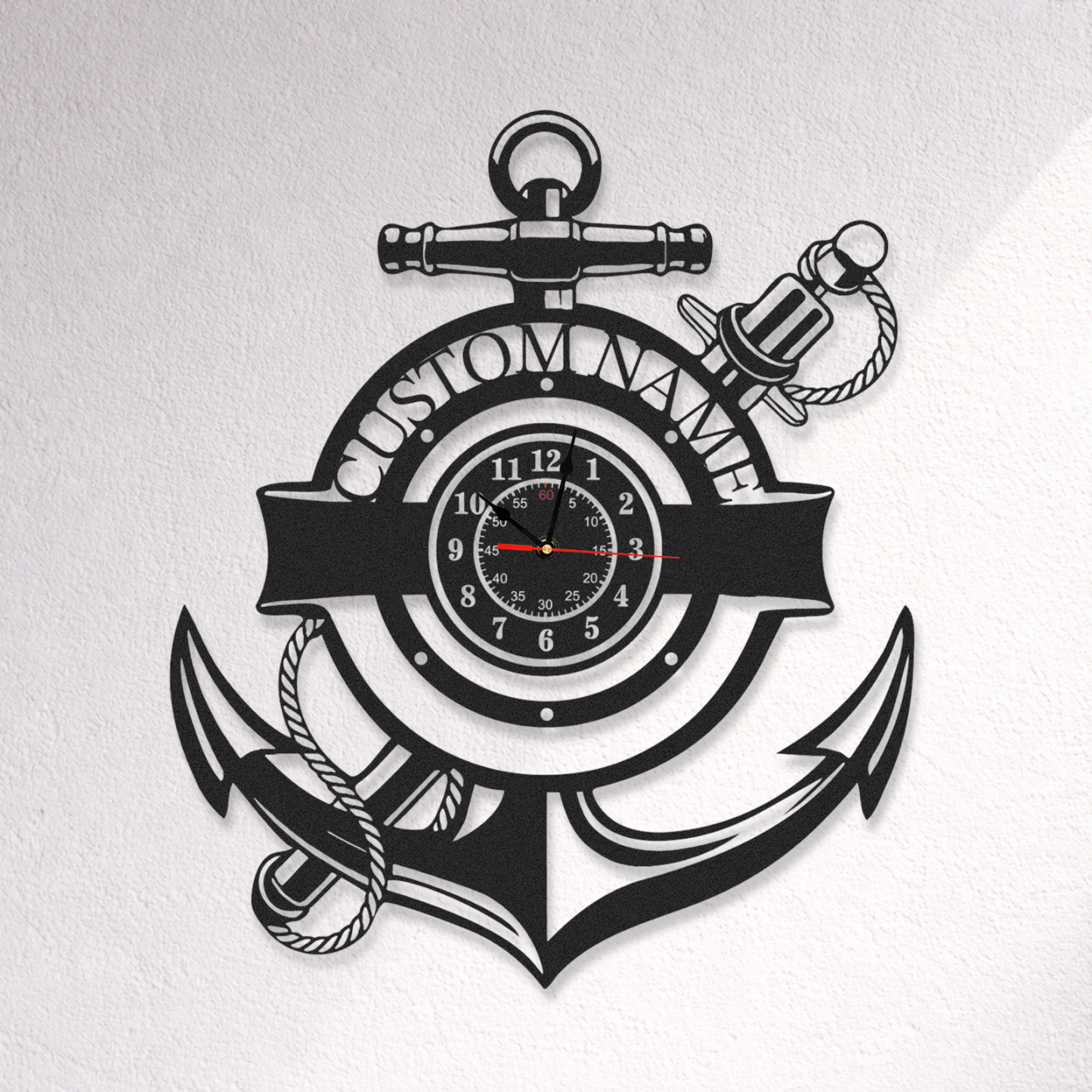 Personalized Nautical Anchor Metal Wall Clock with Custom Name, Coastal Marine Decor, Silent Beach House and Boat Wall Art