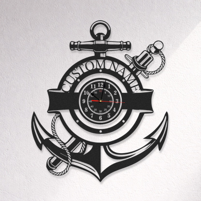 Personalized Nautical Anchor Metal Wall Clock with Custom Name, Coastal Marine Decor, Silent Beach House and Boat Wall Art