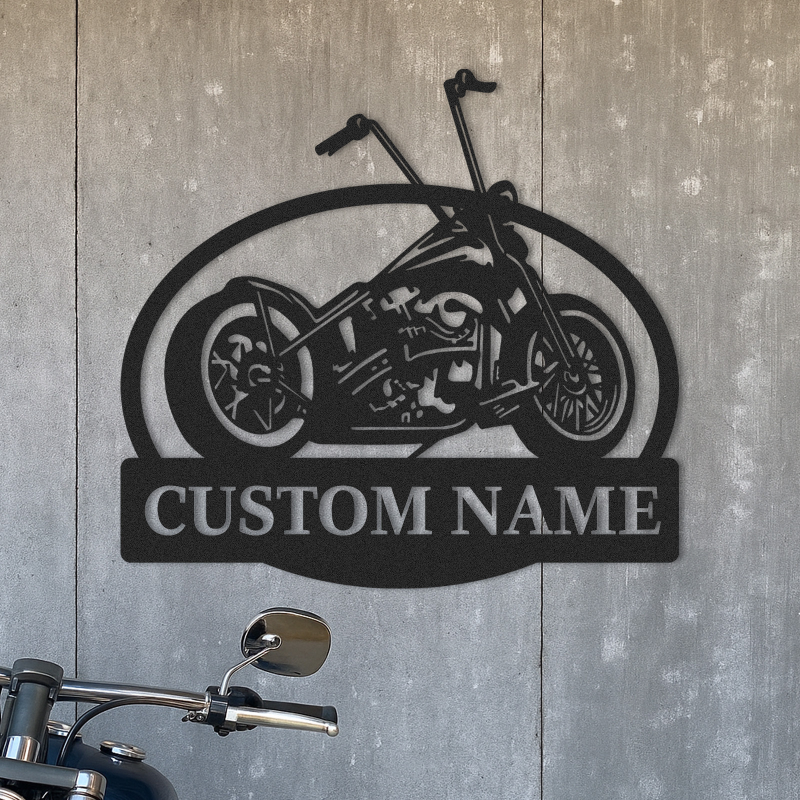 Custom Chopper Motorcycle Metal Sign, Personalized Garage Wall Art with Name, Retro Motorcycle Shop Decor, Biker Gift for Dad, Man Cave or Workshop Decoration