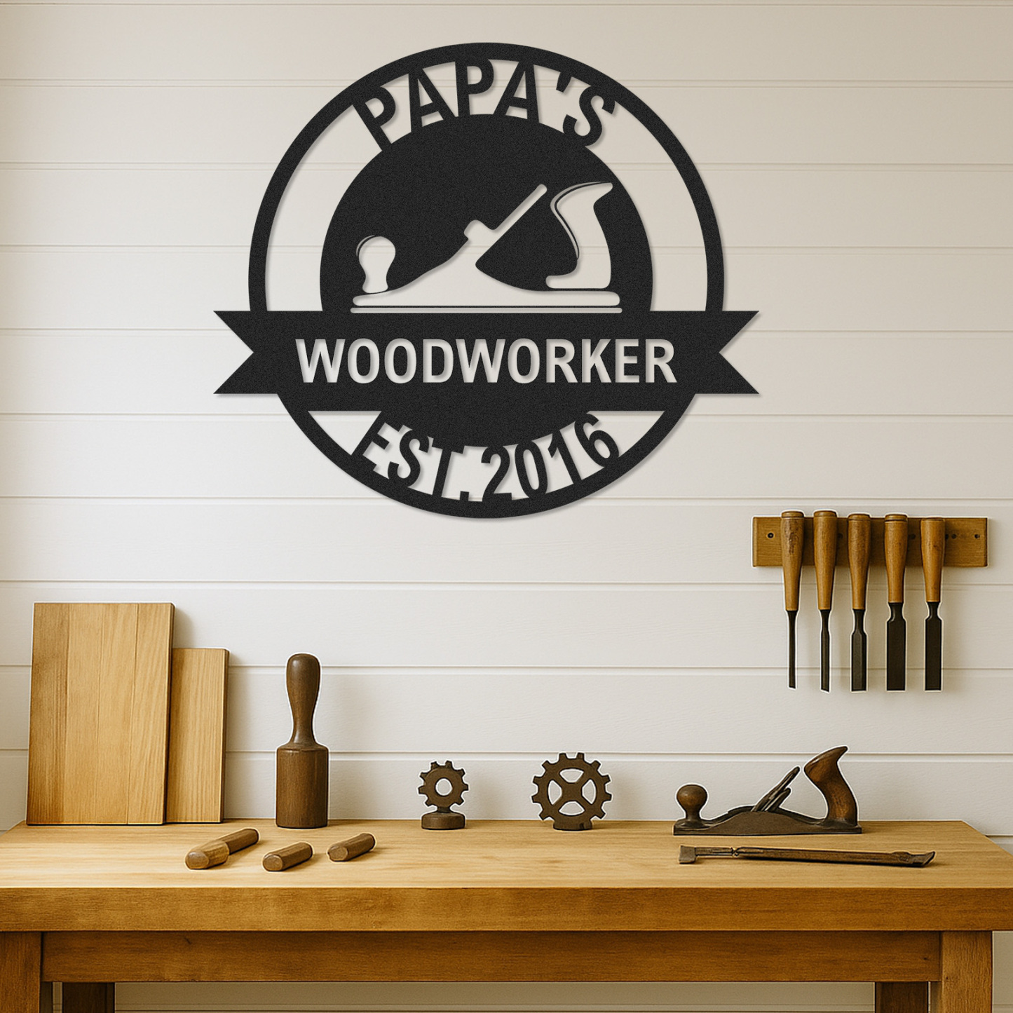 Custom Woodworker Workshop Metal Sign, Personalized Papa’s Woodworking Decor, Metal Garage Wall Art, Gift for Dad or Grandpa, Father's Day Gift Idea