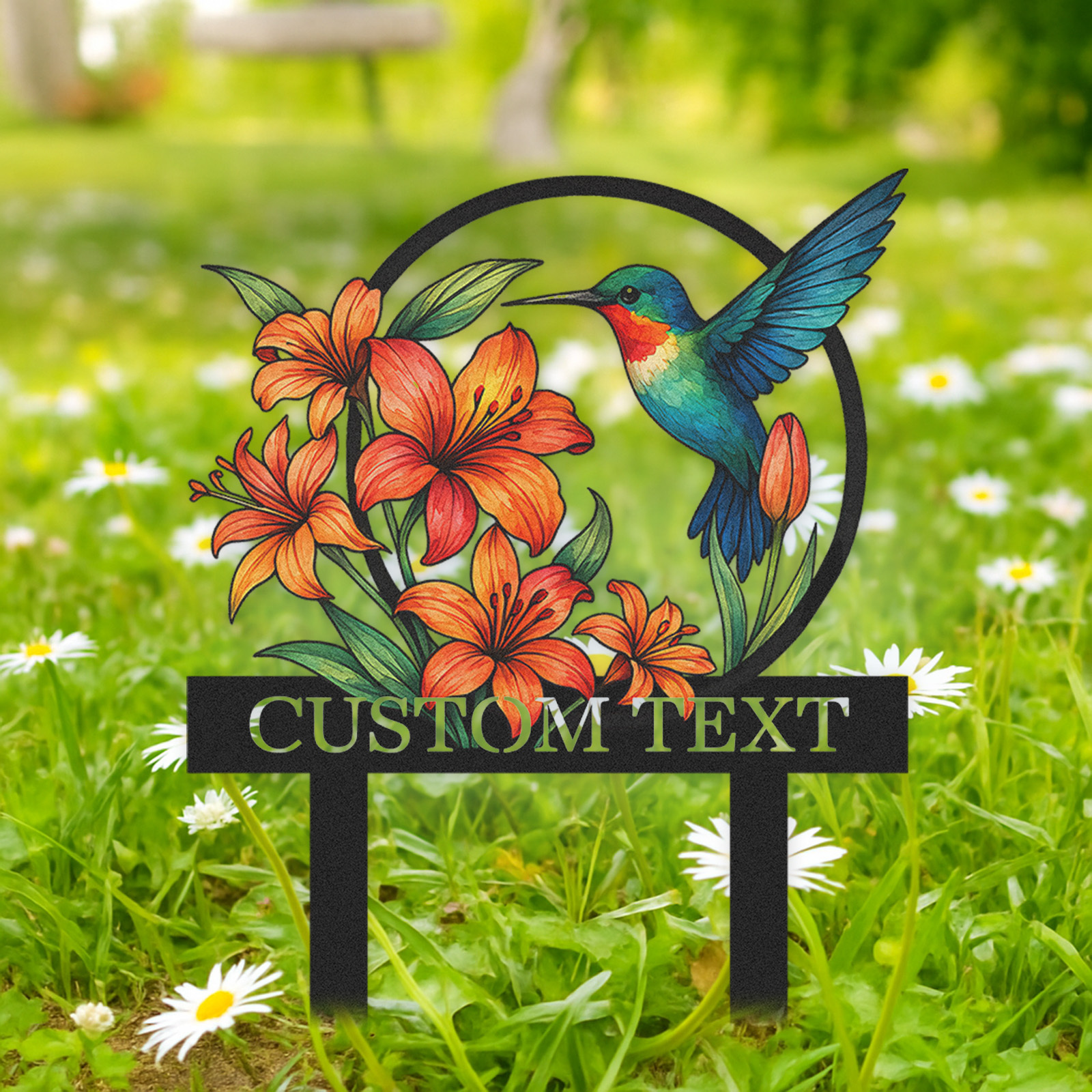 Personalized Hummingbird Garden Sign with Orange Lilies, Custom Metal Garden Stake with Name, Colorful Floral Yard Sign for Gardeners, Outdoor Garden Decor with Custom Text