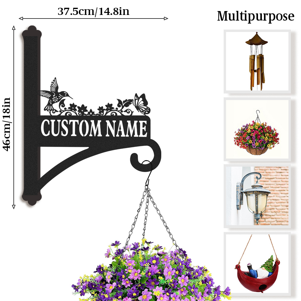 Personalized Hummingbird and Butterfly Plant Hanger for Wall, Custom Metal Garden Hook with Name, Outdoor Hanging Basket Holder, Bird Feeder Bracket