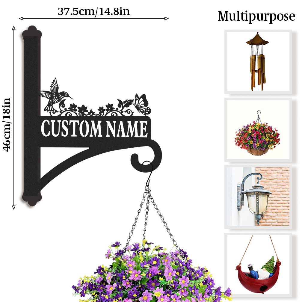 Personalized Hummingbird and Butterfly Plant Hanger for Wall, Custom Metal Garden Hook with Name, Outdoor Hanging Basket Holder, Bird Feeder Bracket