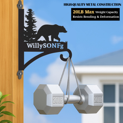 Custom Bear Forest Plant Hanger, Personalized Outdoor Wall Hook with Grizzly Bear and Pine Tree, Rustic Metal Sign for Garden, Cabin or Lodge Decor