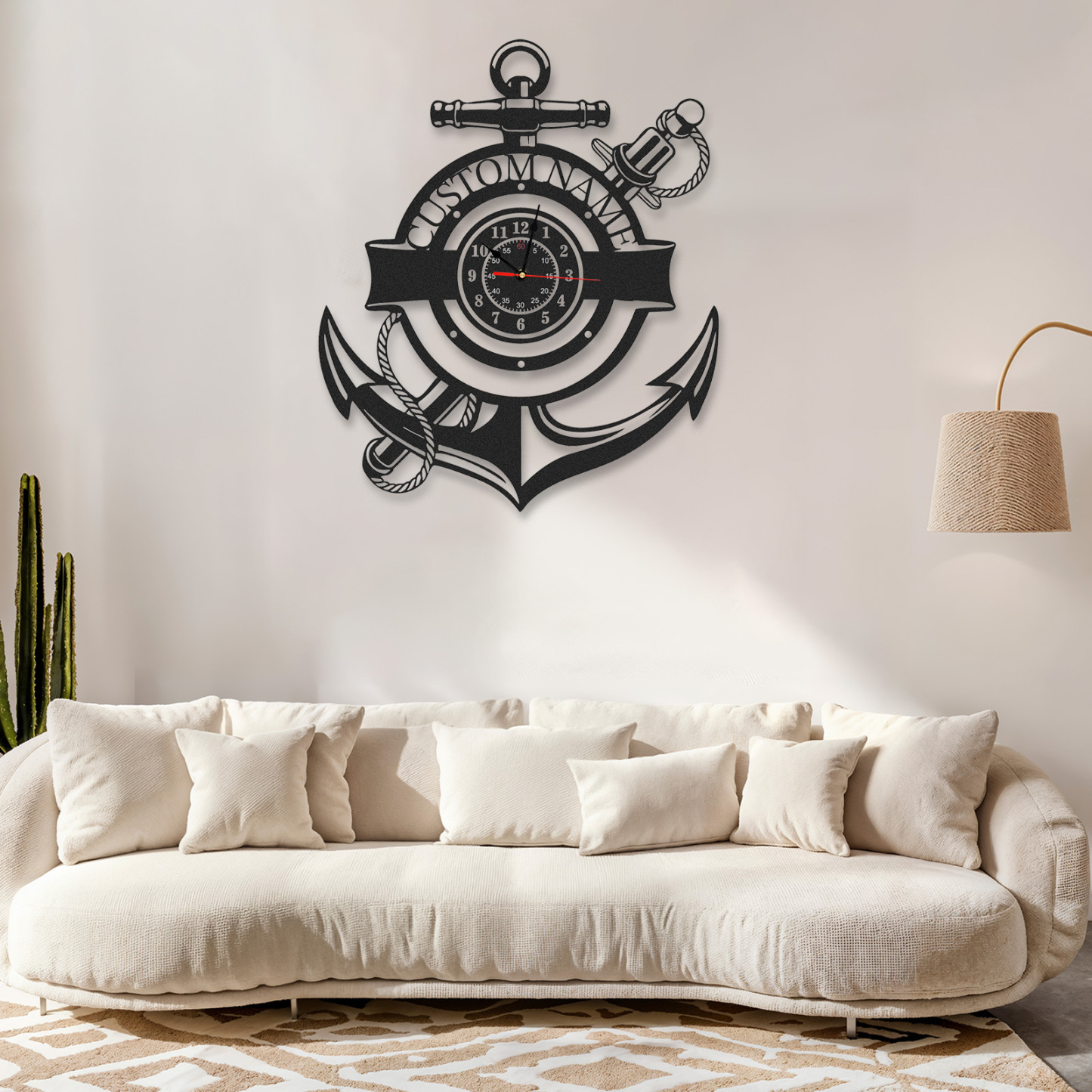 Personalized Nautical Anchor Metal Wall Clock with Custom Name, Coastal Marine Decor, Silent Beach House and Boat Wall Art