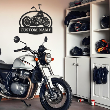 Custom Chopper Motorcycle Metal Sign, Personalized Garage Wall Art with Name, Retro Motorcycle Shop Decor, Biker Gift for Dad, Man Cave or Workshop Decoration