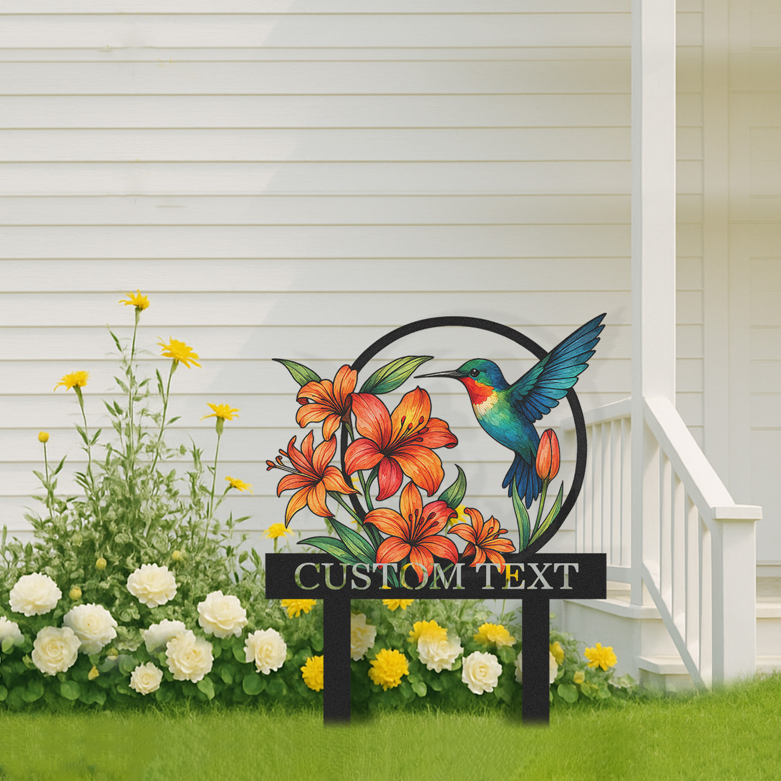 Personalized Hummingbird Garden Sign with Orange Lilies, Custom Metal Garden Stake with Name, Colorful Floral Yard Sign for Gardeners, Outdoor Garden Decor with Custom Text