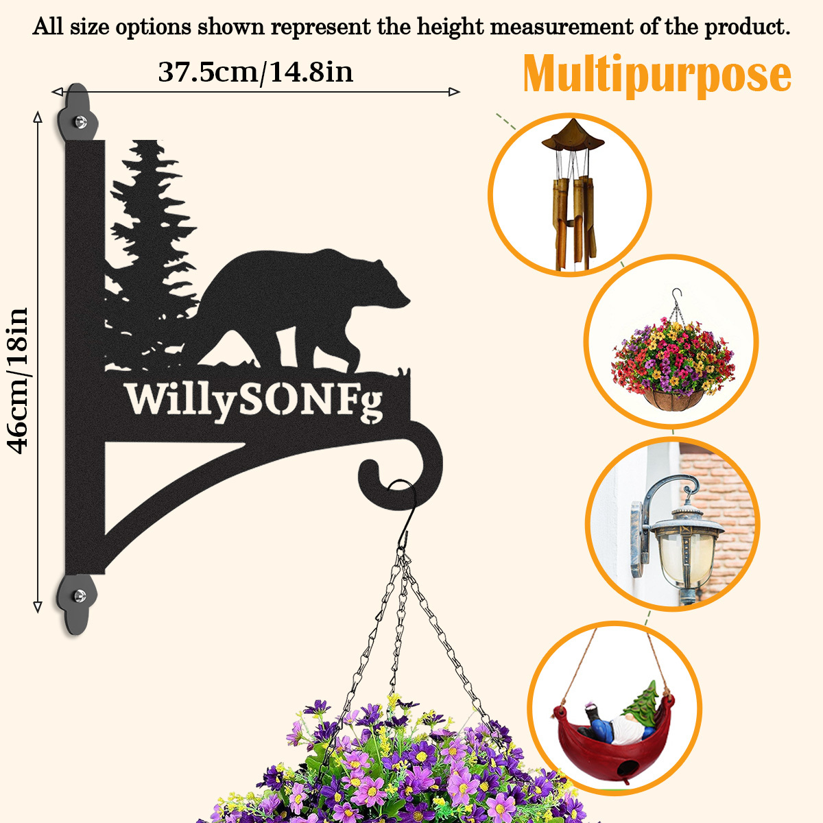 Custom Bear Forest Plant Hanger, Personalized Outdoor Wall Hook with Grizzly Bear and Pine Tree, Rustic Metal Sign for Garden, Cabin or Lodge Decor