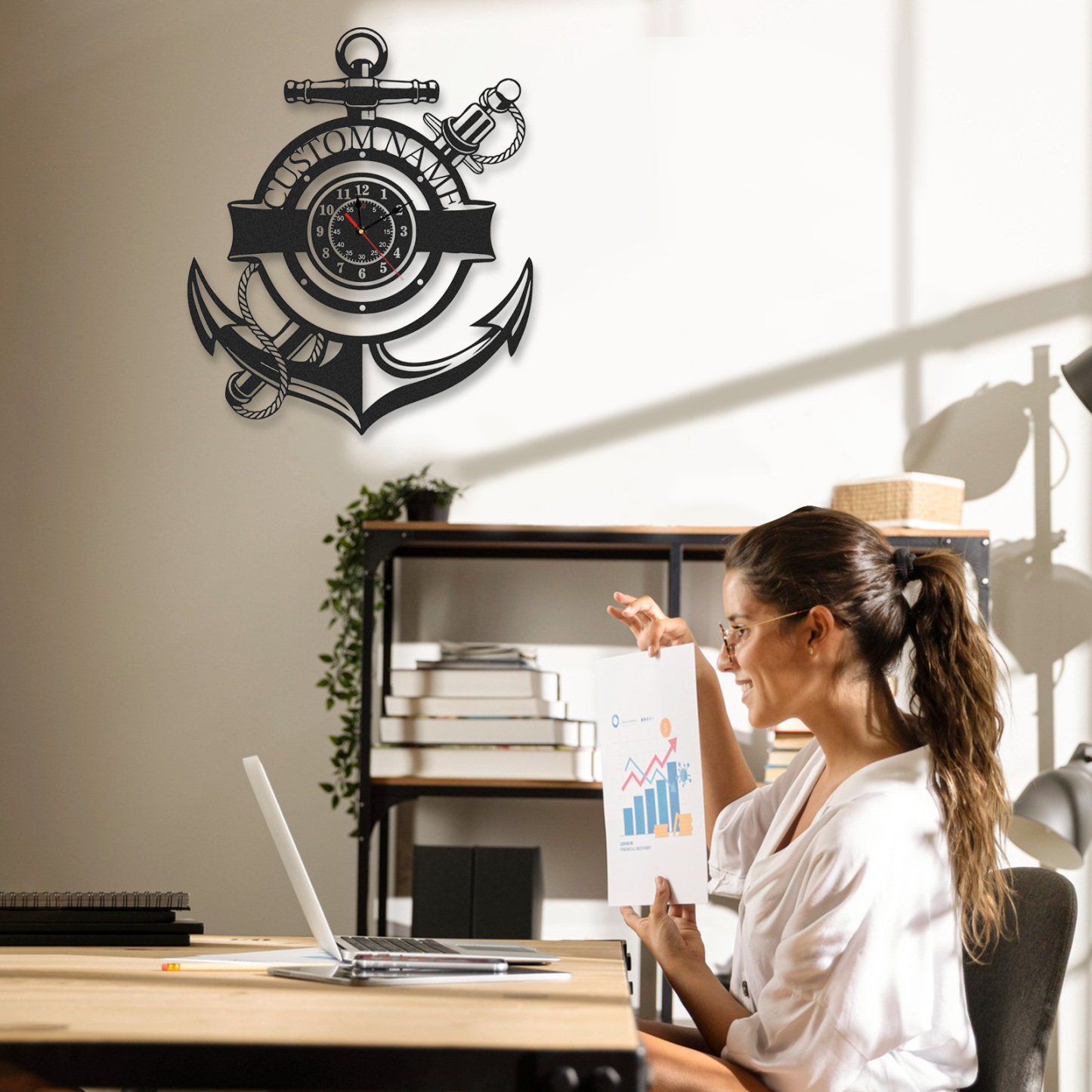 Personalized Nautical Anchor Metal Wall Clock with Custom Name, Coastal Marine Decor, Silent Beach House and Boat Wall Art