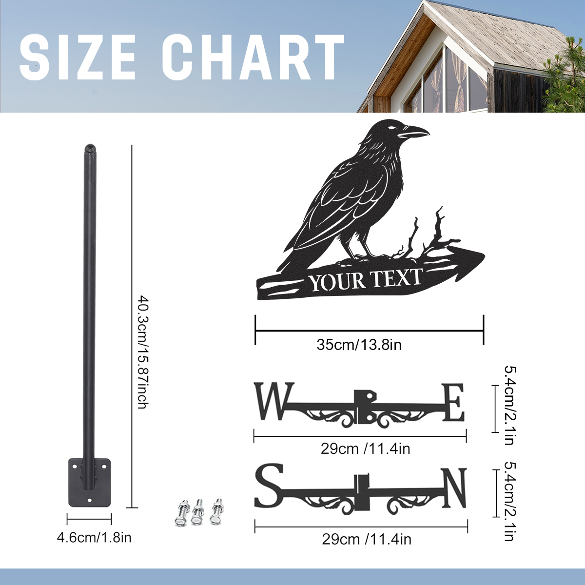 Personalized Raven Metal Weather Vane with Custom Text, Rustic Crow Roof Wind Direction Indicator Outdoor Yard Decor