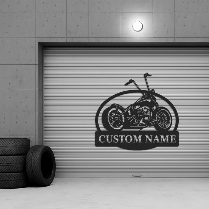 Custom Chopper Motorcycle Metal Sign, Personalized Garage Wall Art with Name, Retro Motorcycle Shop Decor, Biker Gift for Dad, Man Cave or Workshop Decoration