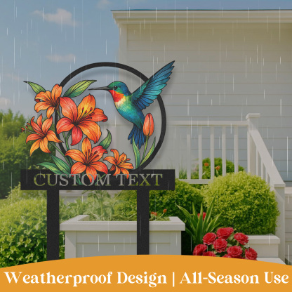 Personalized Hummingbird Garden Sign with Orange Lilies, Custom Metal Garden Stake with Name, Colorful Floral Yard Sign for Gardeners, Outdoor Garden Decor with Custom Text