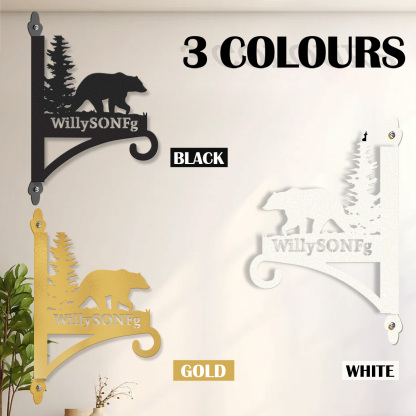 Custom Bear Forest Plant Hanger, Personalized Outdoor Wall Hook with Grizzly Bear and Pine Tree, Rustic Metal Sign for Garden, Cabin or Lodge Decor