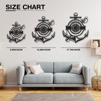Personalized Nautical Anchor Metal Wall Clock with Custom Name, Coastal Marine Decor, Silent Beach House and Boat Wall Art