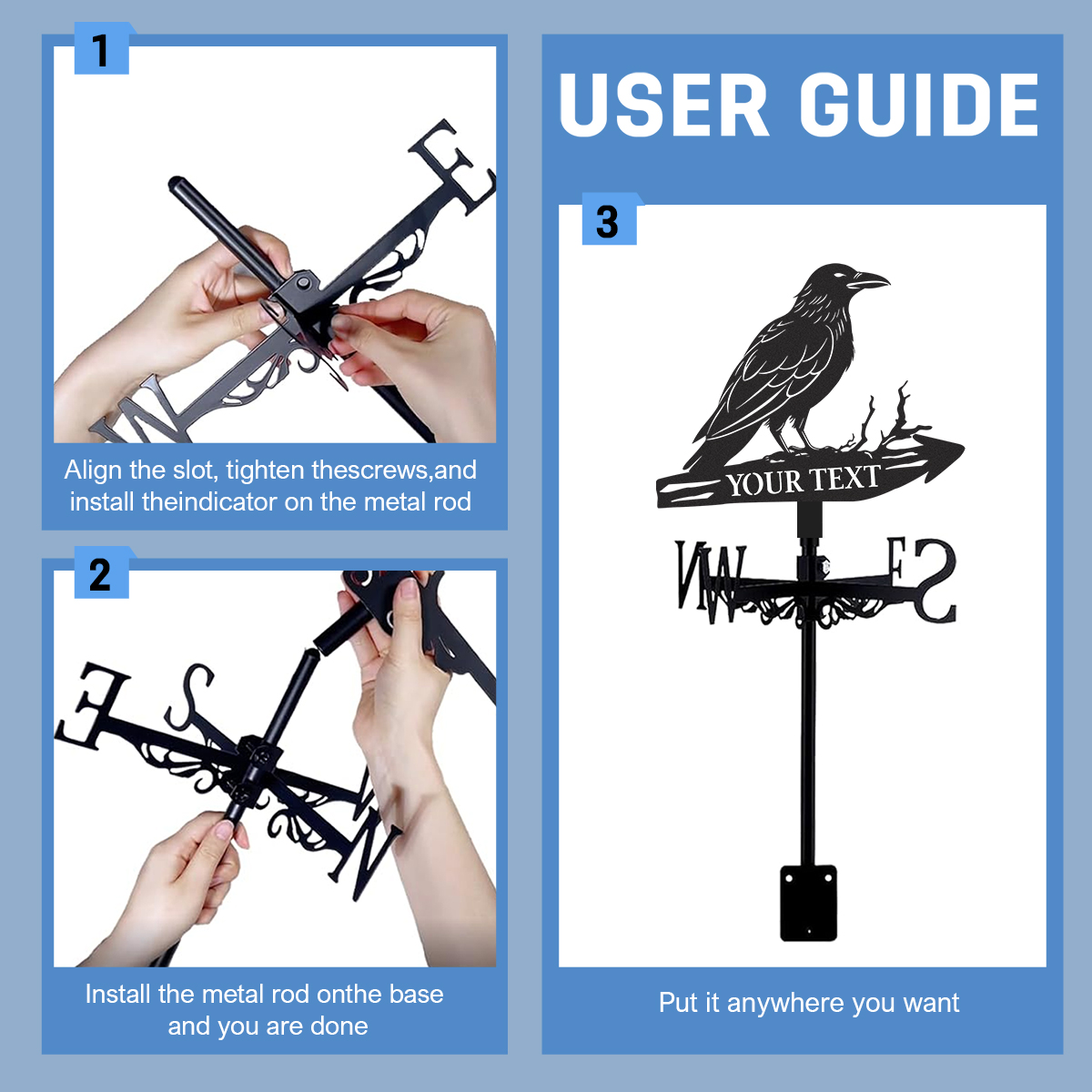 Personalized Raven Metal Weather Vane with Custom Text, Rustic Crow Roof Wind Direction Indicator Outdoor Yard Decor