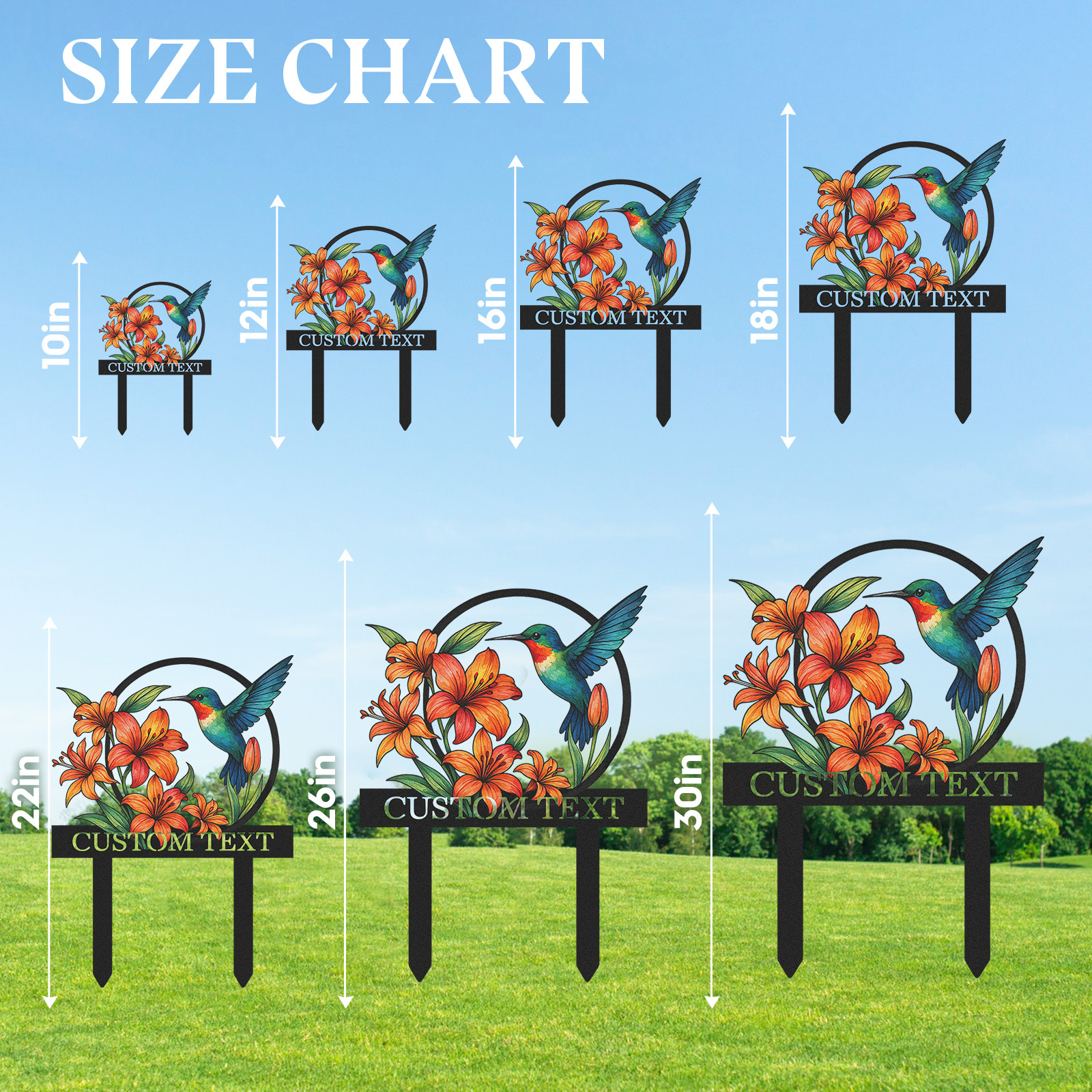 Personalized Hummingbird Garden Sign with Orange Lilies, Custom Metal Garden Stake with Name, Colorful Floral Yard Sign for Gardeners, Outdoor Garden Decor with Custom Text