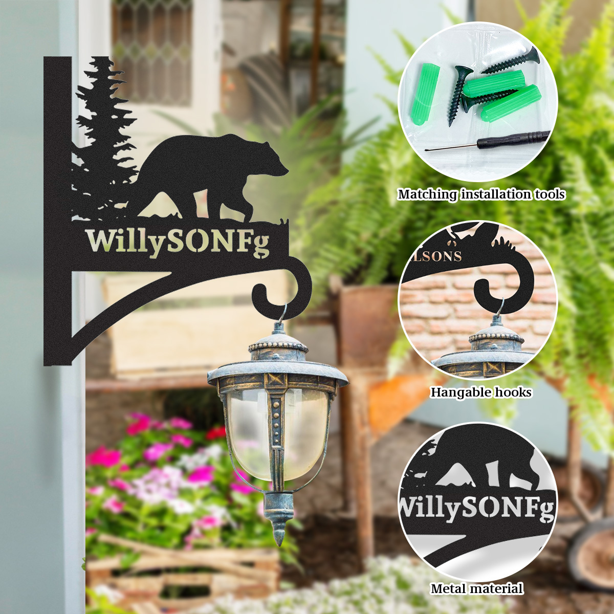 Custom Bear Forest Plant Hanger, Personalized Outdoor Wall Hook with Grizzly Bear and Pine Tree, Rustic Metal Sign for Garden, Cabin or Lodge Decor