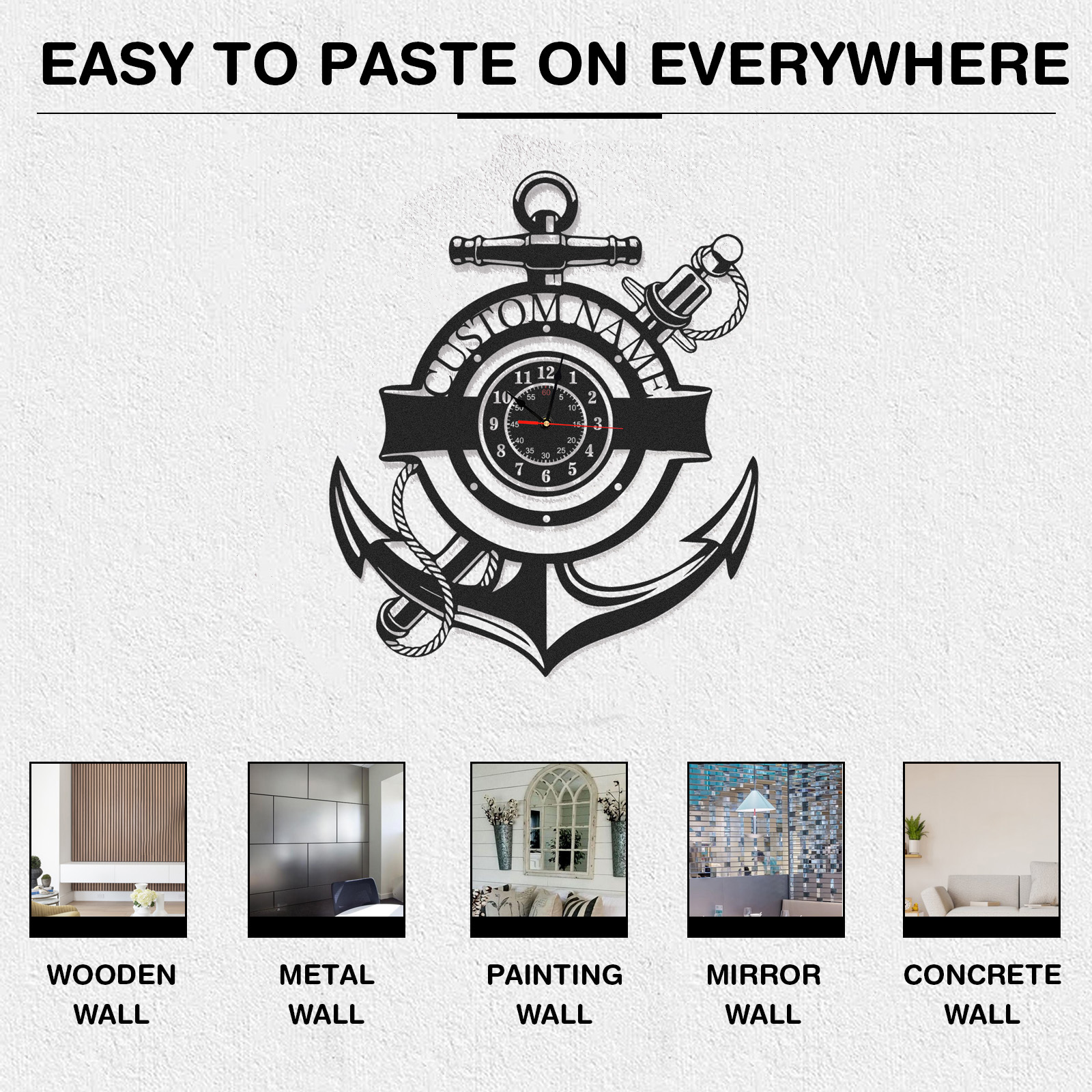 Personalized Nautical Anchor Metal Wall Clock with Custom Name, Coastal Marine Decor, Silent Beach House and Boat Wall Art