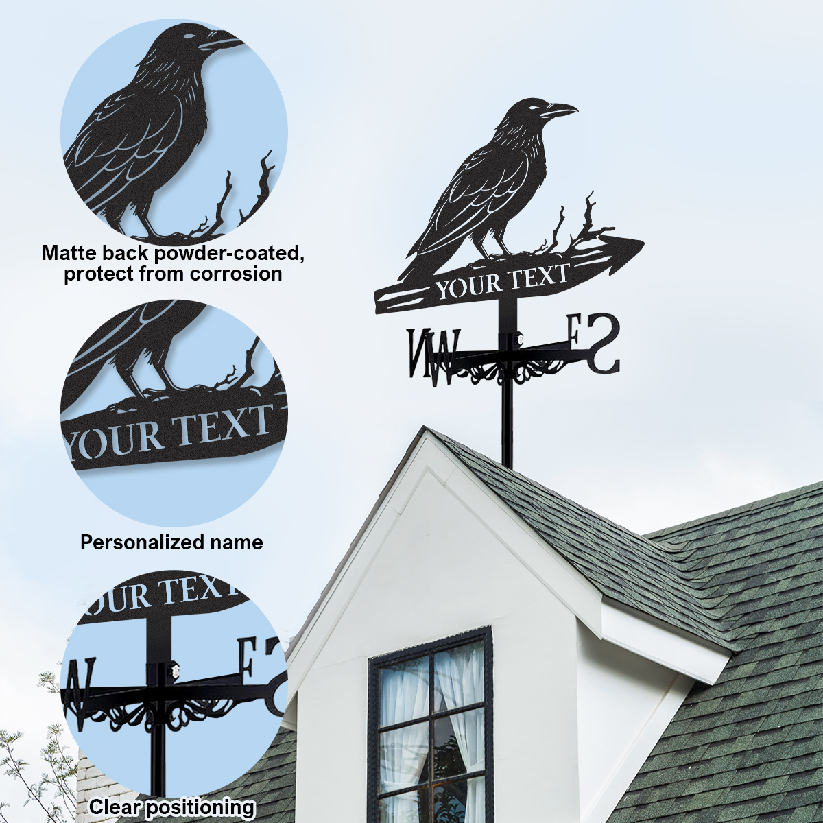 Personalized Raven Metal Weather Vane with Custom Text, Rustic Crow Roof Wind Direction Indicator Outdoor Yard Decor