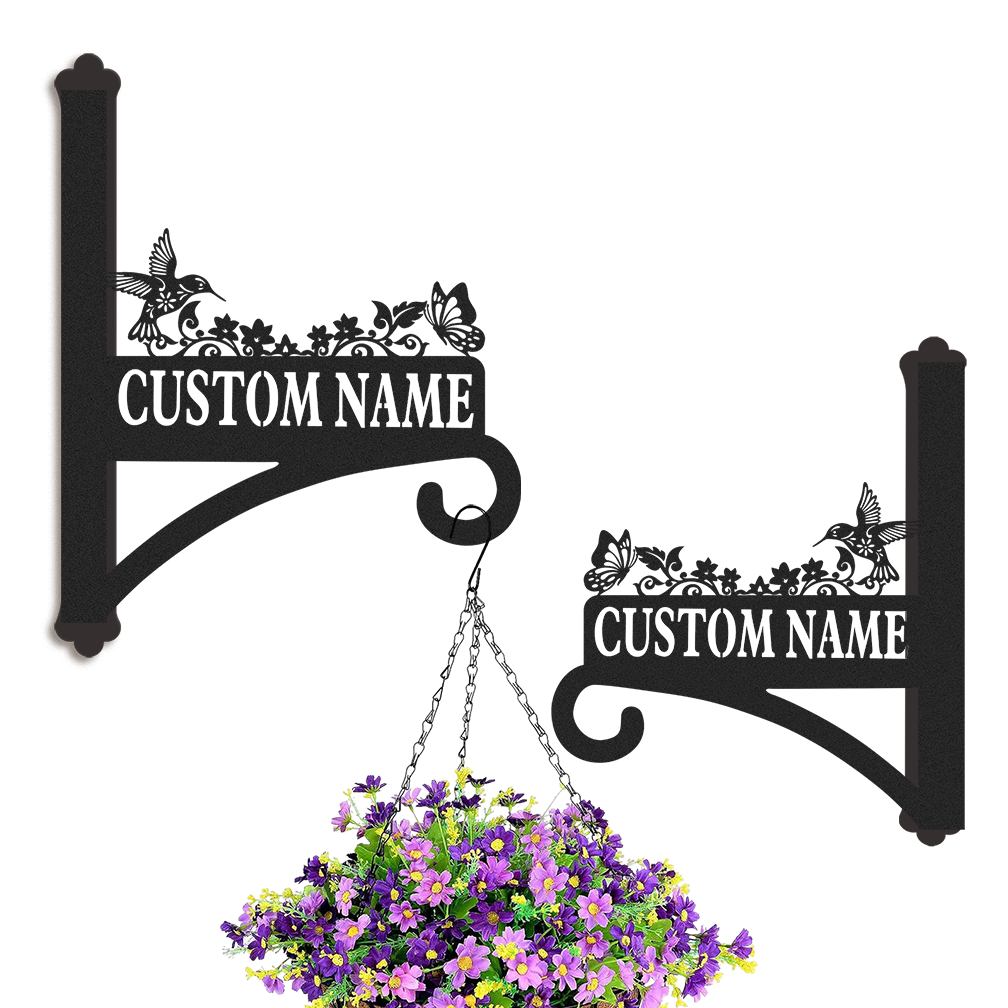 Personalized Hummingbird and Butterfly Plant Hanger for Wall, Custom Metal Garden Hook with Name, Outdoor Hanging Basket Holder, Bird Feeder Bracket