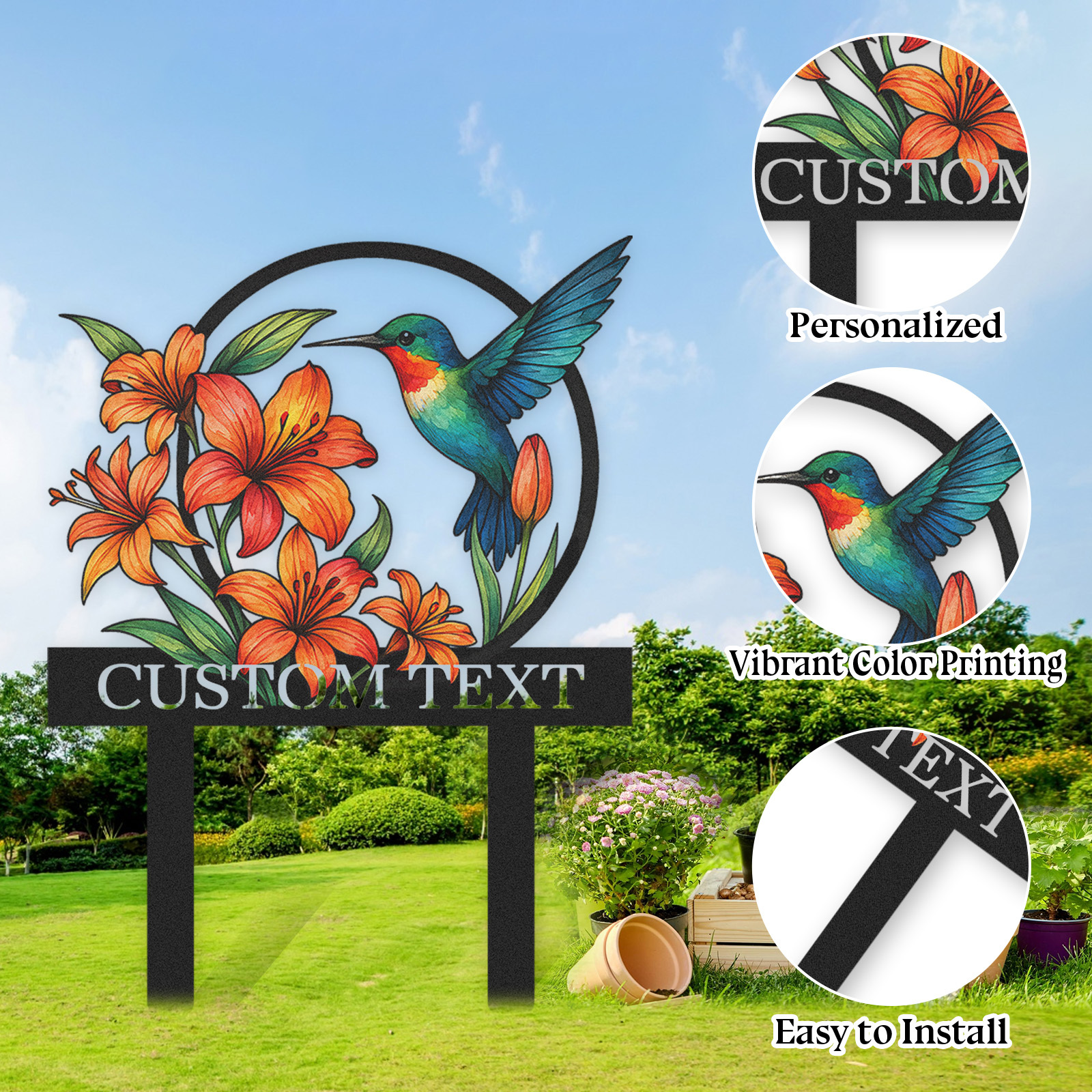 Personalized Hummingbird Garden Sign with Orange Lilies, Custom Metal Garden Stake with Name, Colorful Floral Yard Sign for Gardeners, Outdoor Garden Decor with Custom Text