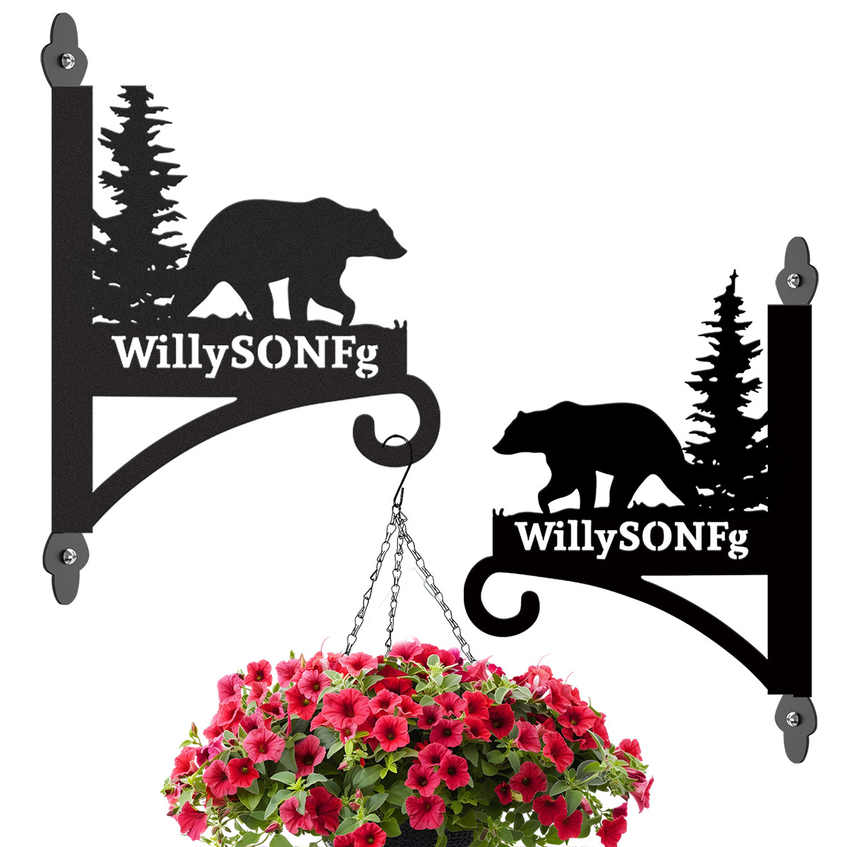 Custom Bear Forest Plant Hanger, Personalized Outdoor Wall Hook with Grizzly Bear and Pine Tree, Rustic Metal Sign for Garden, Cabin or Lodge Decor