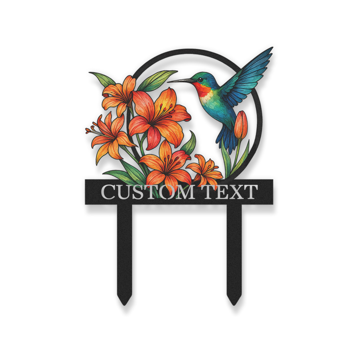 Personalized Hummingbird Garden Sign with Orange Lilies, Custom Metal Garden Stake with Name, Colorful Floral Yard Sign for Gardeners, Outdoor Garden Decor with Custom Text