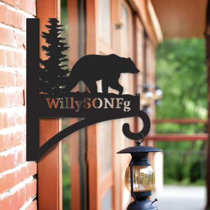 Custom Bear Forest Plant Hanger, Personalized Outdoor Wall Hook with Grizzly Bear and Pine Tree, Rustic Metal Sign for Garden, Cabin or Lodge Decor