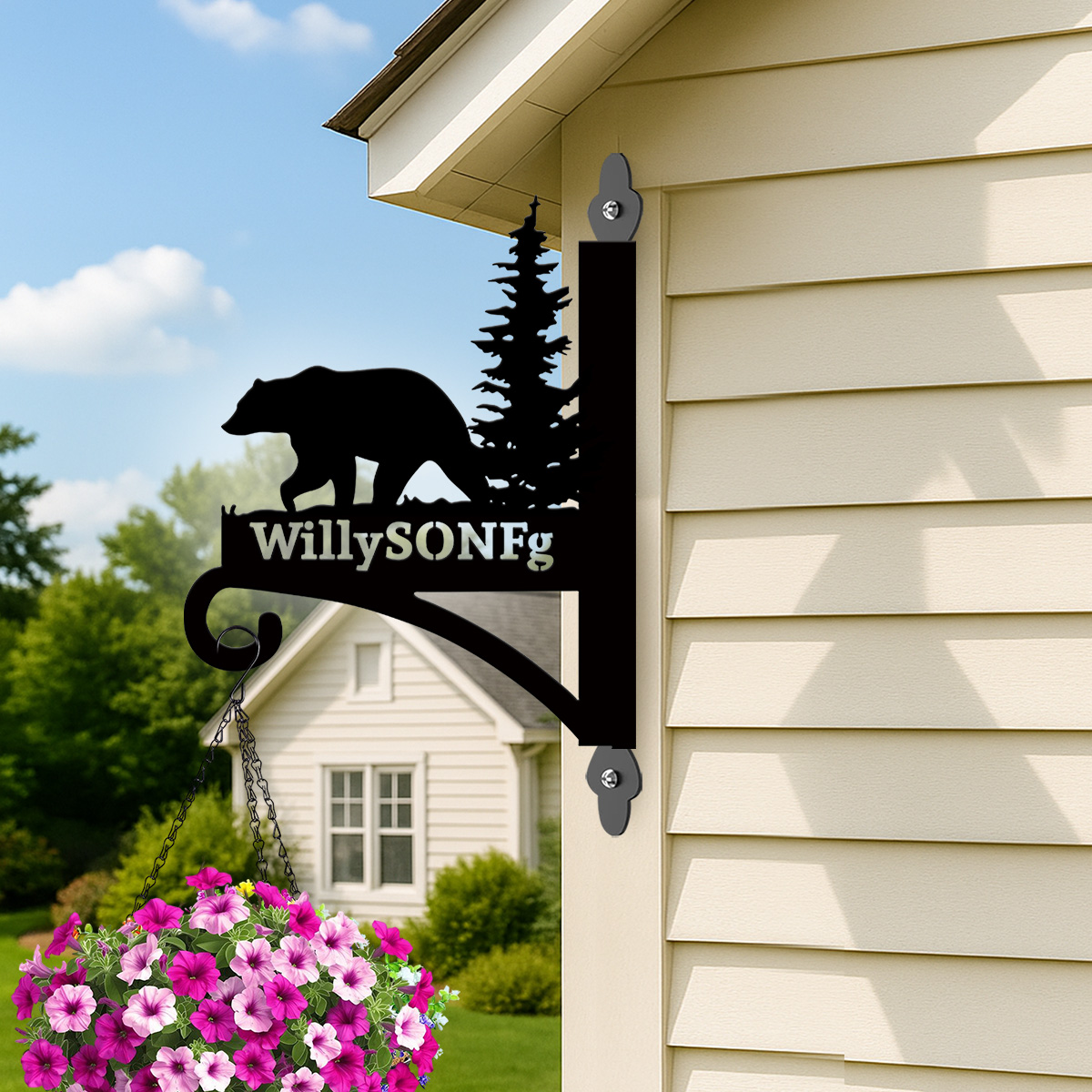 Custom Bear Forest Plant Hanger, Personalized Outdoor Wall Hook with Grizzly Bear and Pine Tree, Rustic Metal Sign for Garden, Cabin or Lodge Decor
