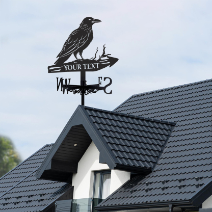 Personalized Raven Metal Weather Vane with Custom Text, Rustic Crow Roof Wind Direction Indicator Outdoor Yard Decor