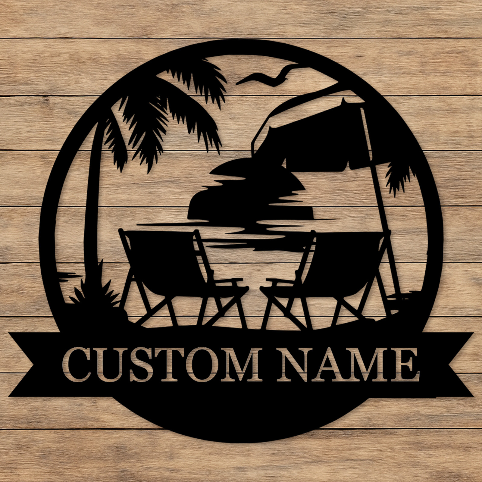 Custom Tropical Beach Metal Sign, Personalized Sunset Patio Wall Art with Palm Trees and Chairs, Coastal Decor for Porch or Vacation Home