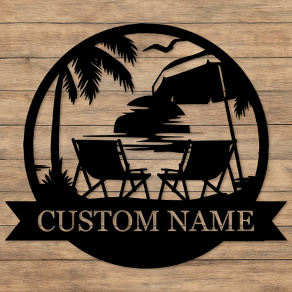 Custom Tropical Beach Metal Sign, Personalized Sunset Patio Wall Art with Palm Trees and Chairs, Coastal Decor for Porch or Vacation Home