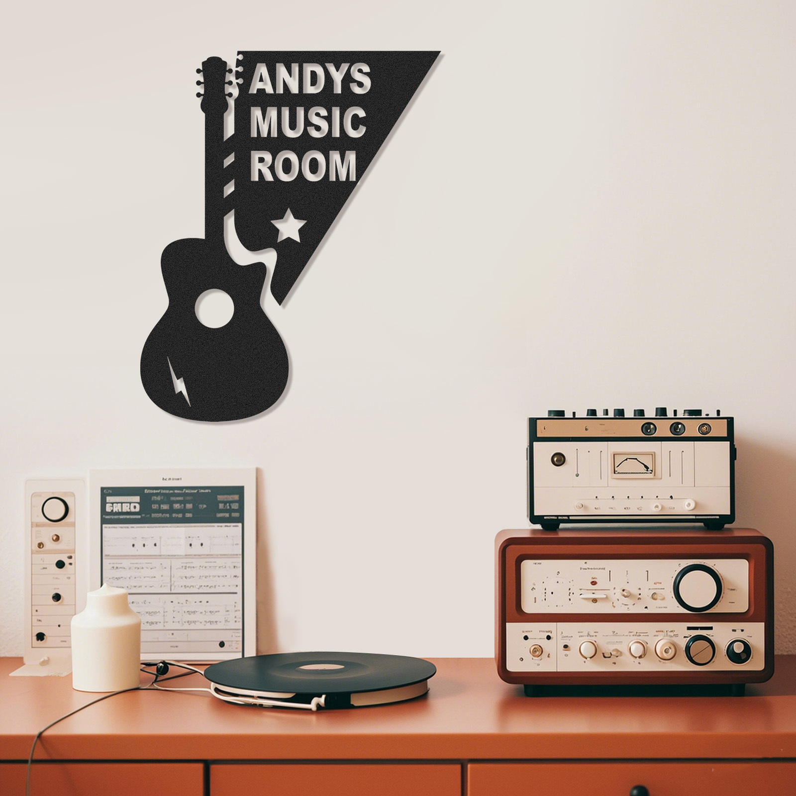 Personalized Acoustic Guitar Metal Sign, Custom Music Room Wall Art with Star and Lightning, Gift for Musicians