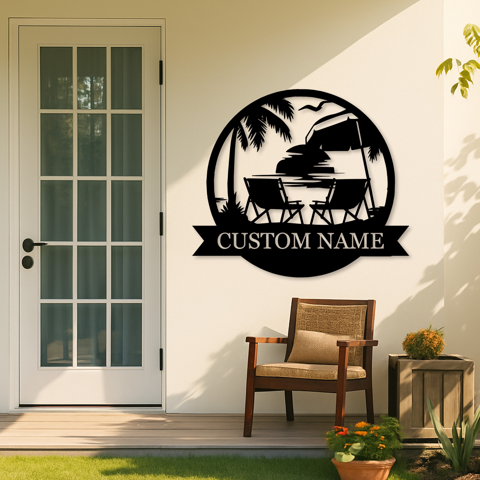 Custom Tropical Beach Metal Sign, Personalized Sunset Patio Wall Art with Palm Trees and Chairs, Coastal Decor for Porch or Vacation Home