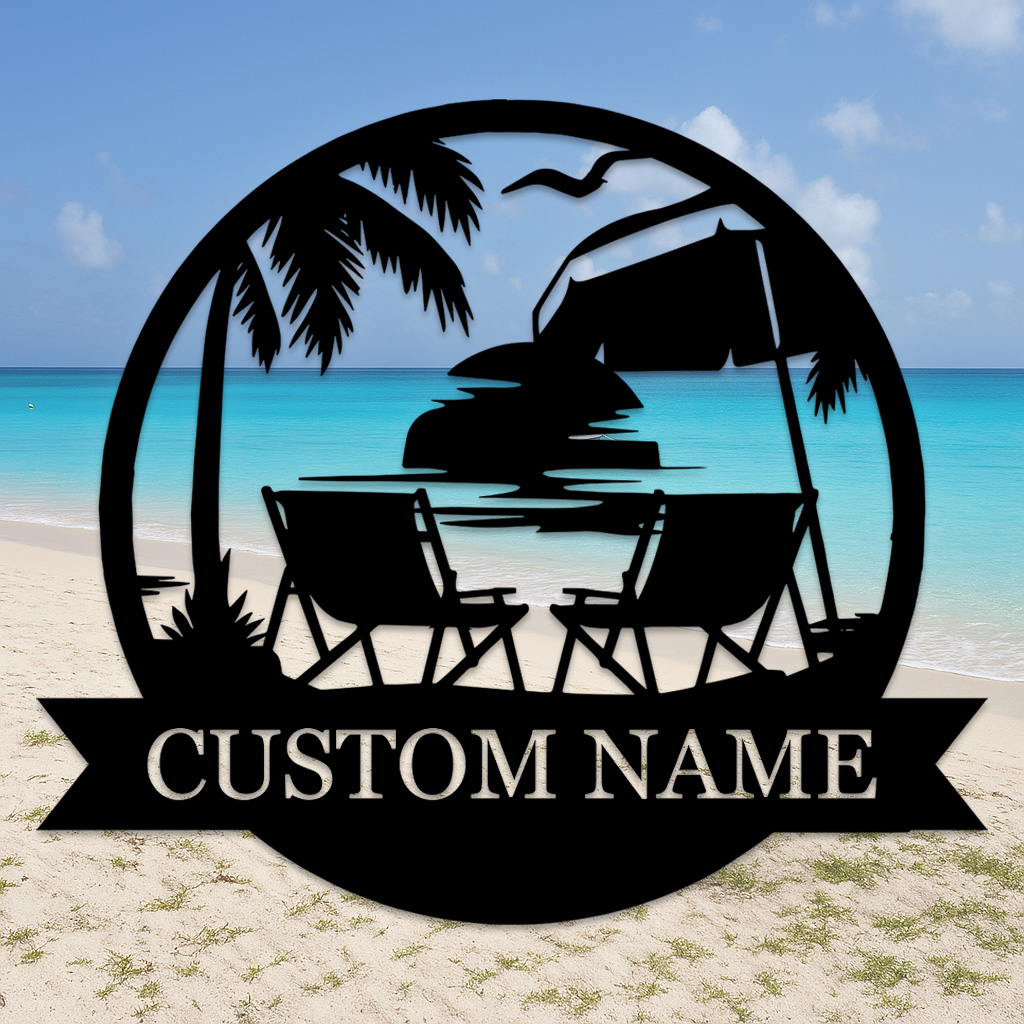 Custom Tropical Beach Metal Sign, Personalized Sunset Patio Wall Art with Palm Trees and Chairs, Coastal Decor for Porch or Vacation Home