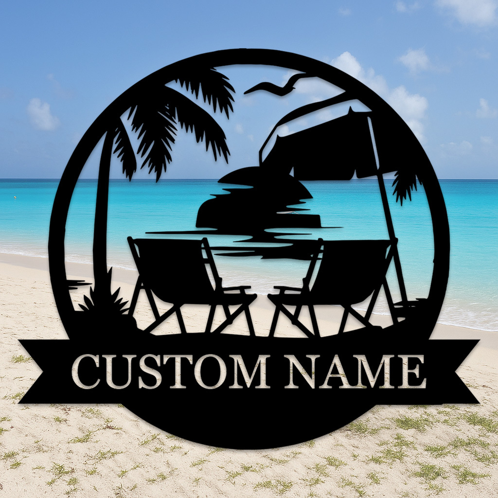 Custom Tropical Beach Metal Sign, Personalized Sunset Patio Wall Art with Palm Trees and Chairs, Coastal Decor for Porch or Vacation Home