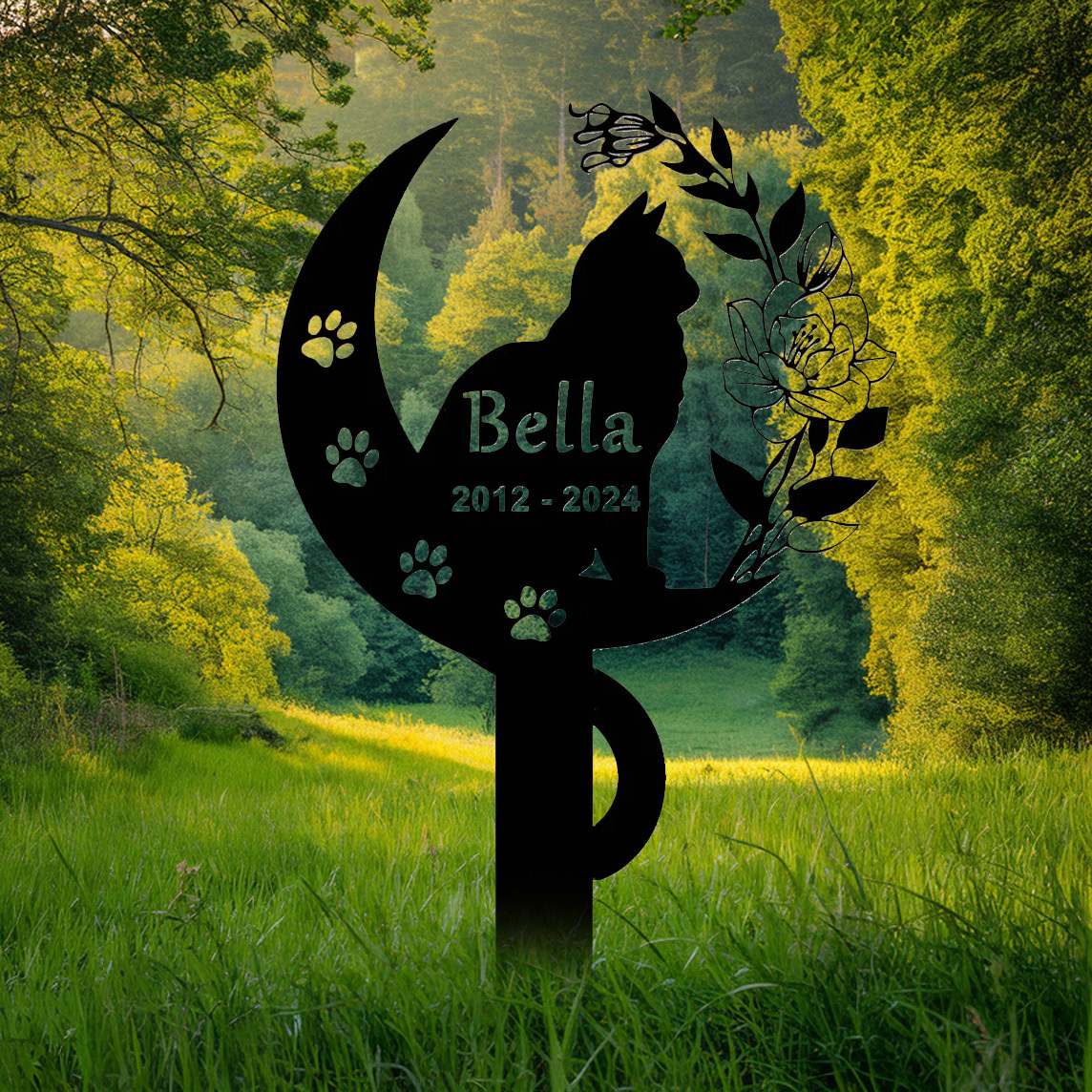 [Copy]Personalized Cat Memorial Stake,Cat Metal Grave Marker with Flowers, Loss of Cat Sympathy Gift