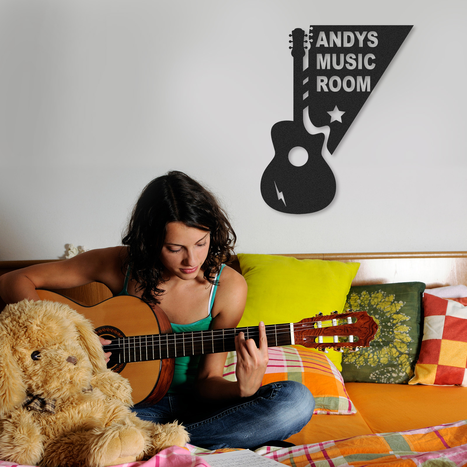 Personalized Acoustic Guitar Metal Sign, Custom Music Room Wall Art with Star and Lightning, Gift for Musicians