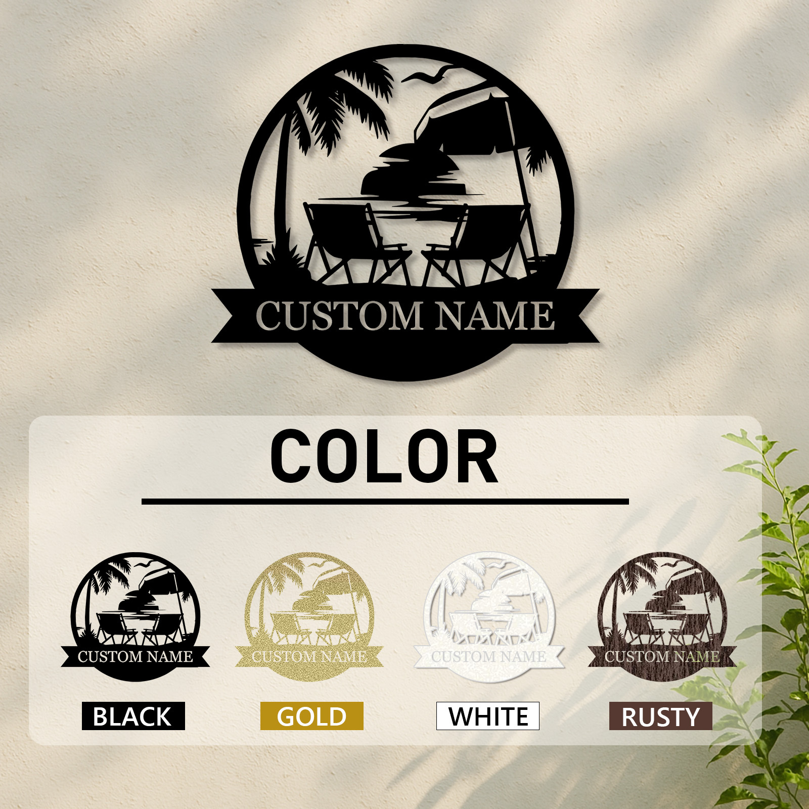 Custom Tropical Beach Metal Sign, Personalized Sunset Patio Wall Art with Palm Trees and Chairs, Coastal Decor for Porch or Vacation Home