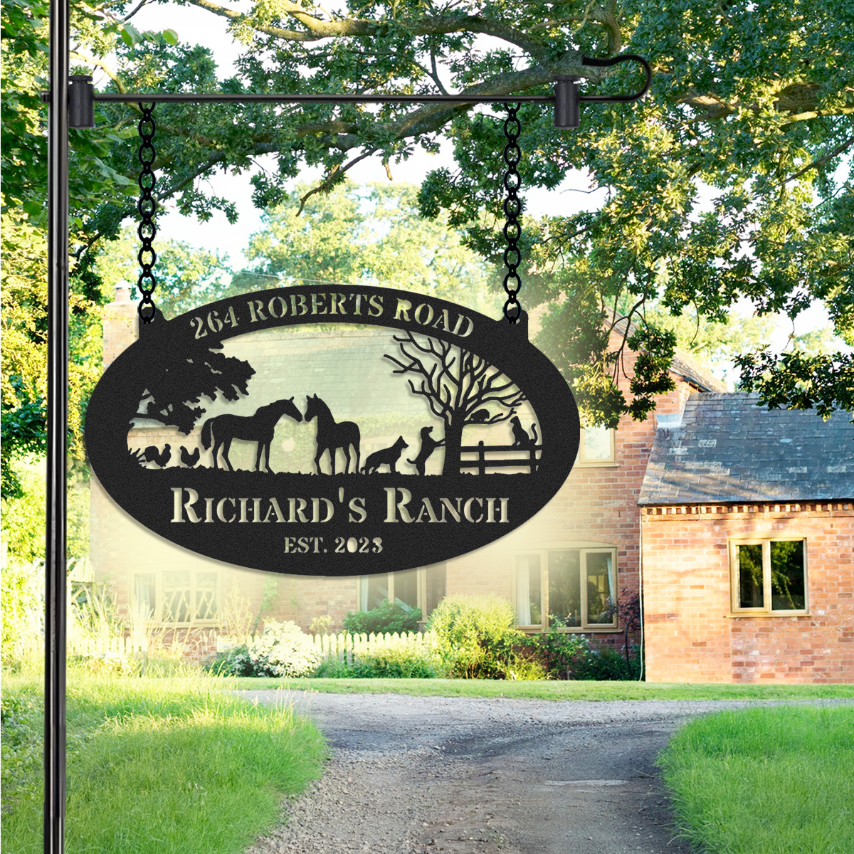 Personalized Ranch Metal Sign with Horses and Farm Animals, Custom Oval Farmhouse Entrance Sign, Outdoor Ranch Decor, Established Year Gift for Farmers