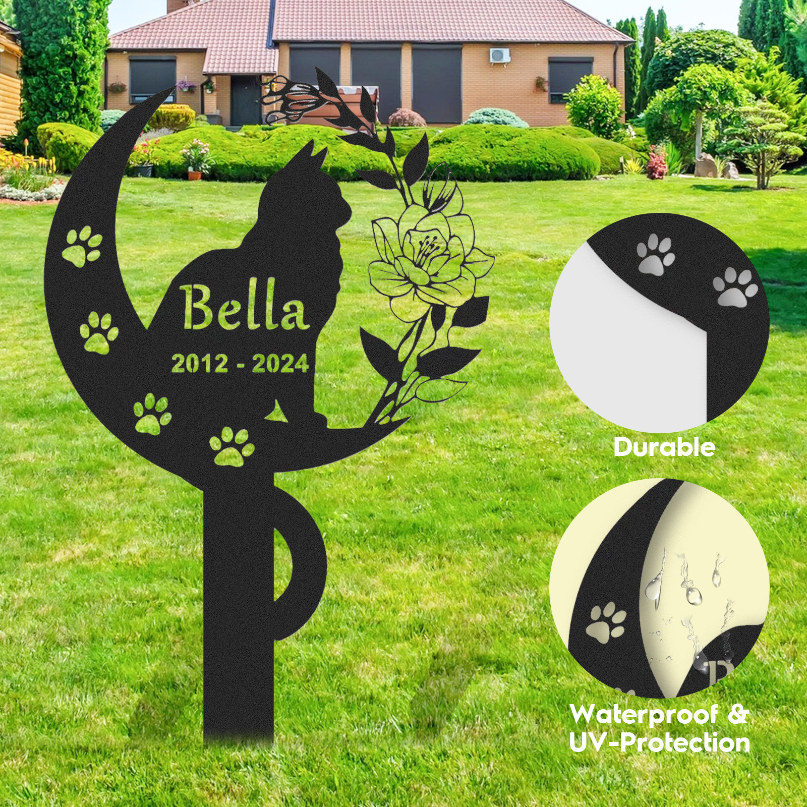 [Copy]Personalized Cat Memorial Stake,Cat Metal Grave Marker with Flowers, Loss of Cat Sympathy Gift