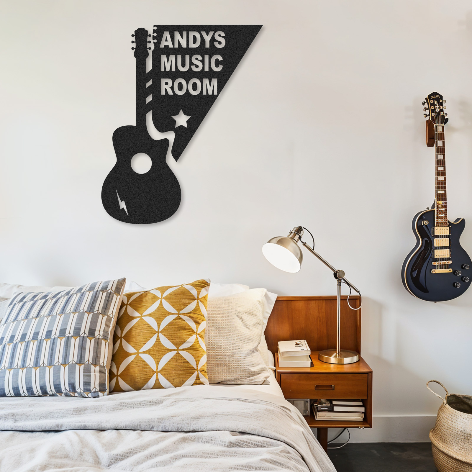 Personalized Acoustic Guitar Metal Sign, Custom Music Room Wall Art with Star and Lightning, Gift for Musicians