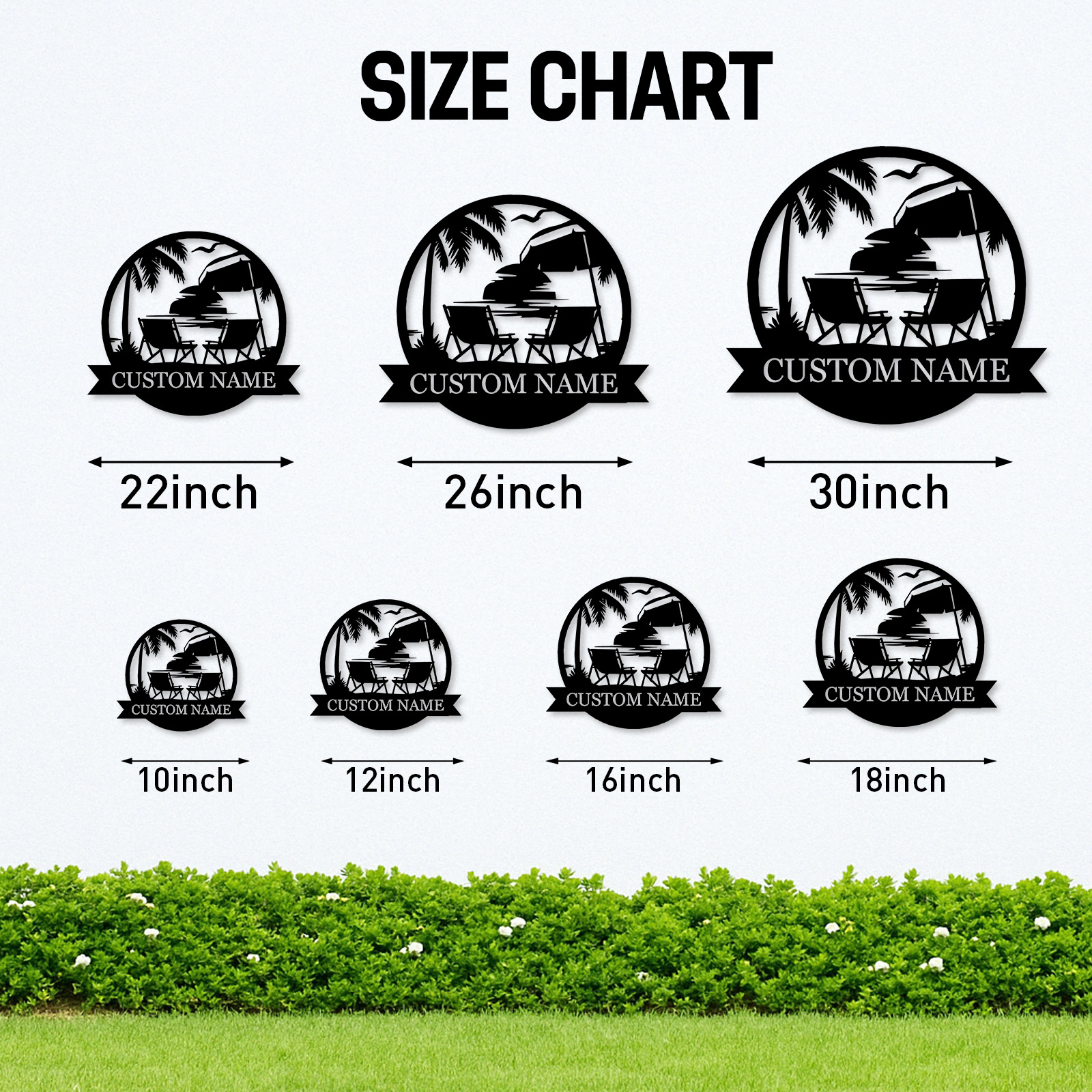 Custom Tropical Beach Metal Sign, Personalized Sunset Patio Wall Art with Palm Trees and Chairs, Coastal Decor for Porch or Vacation Home